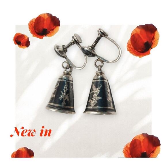 925 Sterling Silver Vintage Siam Niello Hindu Goddess Bell Screw Back Earrings